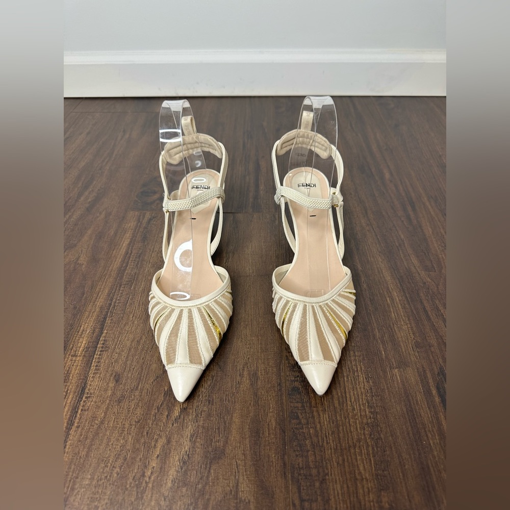 Fendi Leather And Mesh High-heeled Slingbacks In Blanc - Picture 2 of 15